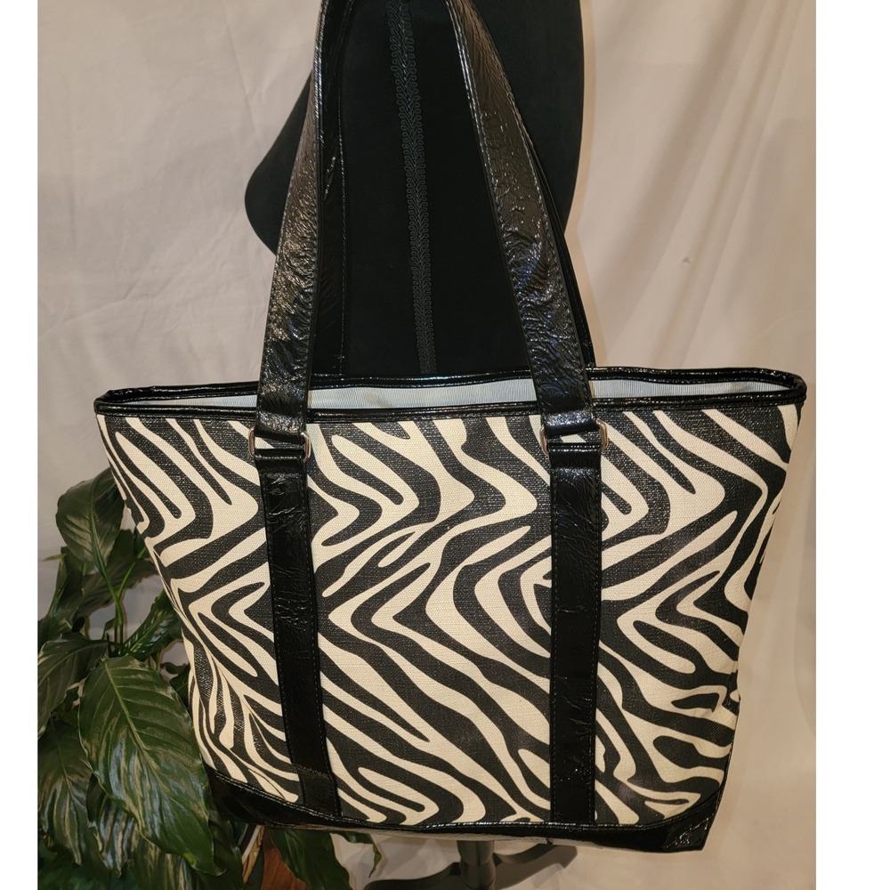 Kate Landry Zebra Print Canvas‎ Tote Bag Black White Patent Trim Shoulder Bag